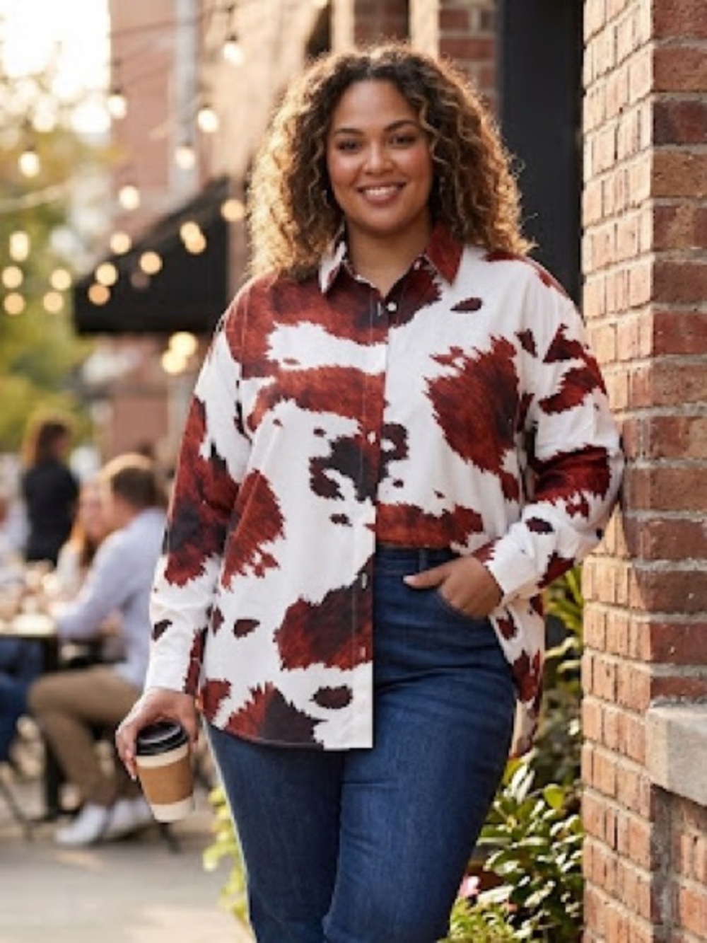 Button-Front Shirt in White and Brown Cow Cowboy Cowgirl Western